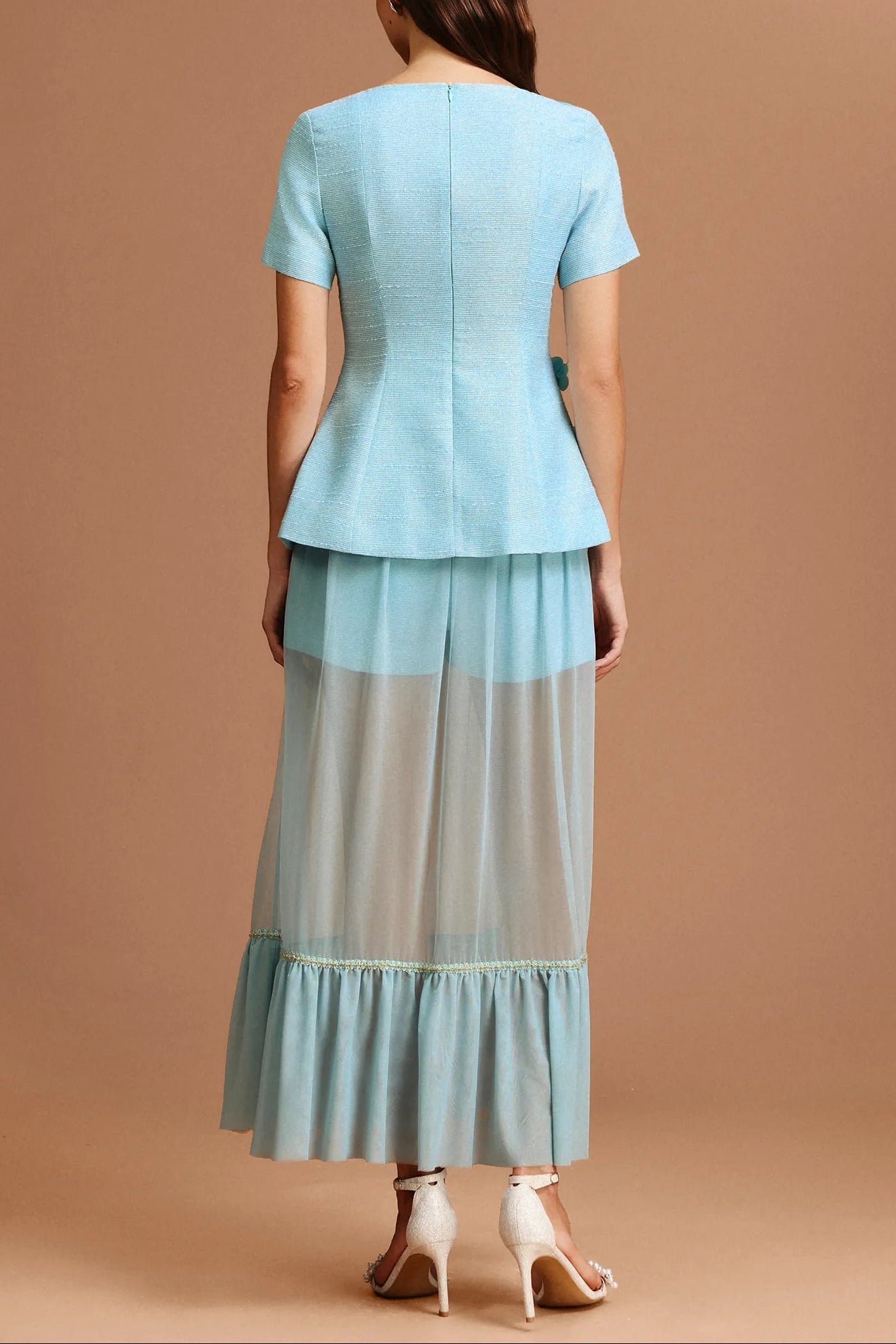Blue Short Sleeves Flowers Folds Top and Skirt Two-Piece Set