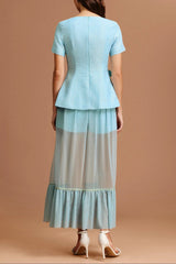 Blue Short Sleeves Flowers Folds Top and Skirt Two-Piece Set
