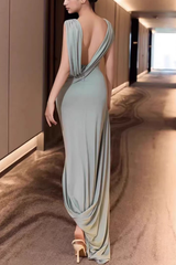 Boat Neck Sleeveless Twist Waist Train Maxi Dress