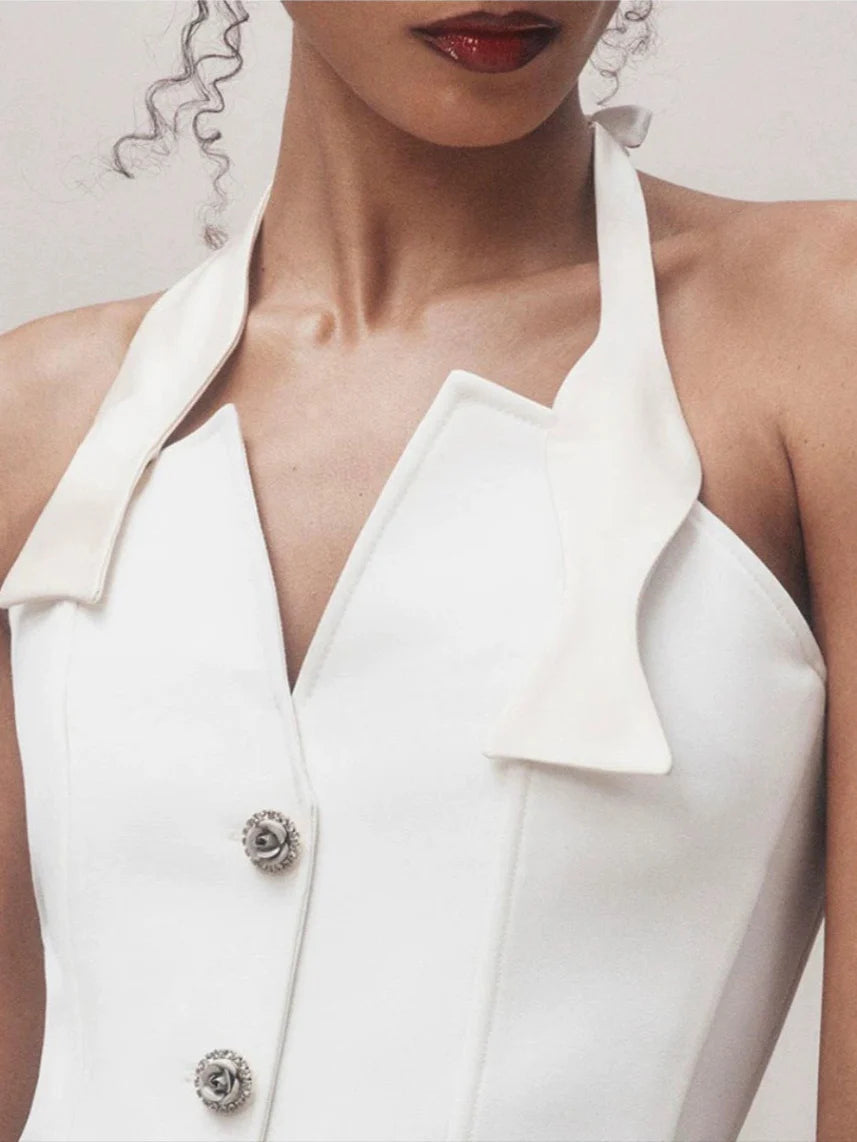 Halter Neck Vest Flower Embellished Pants Suit in Ivory
