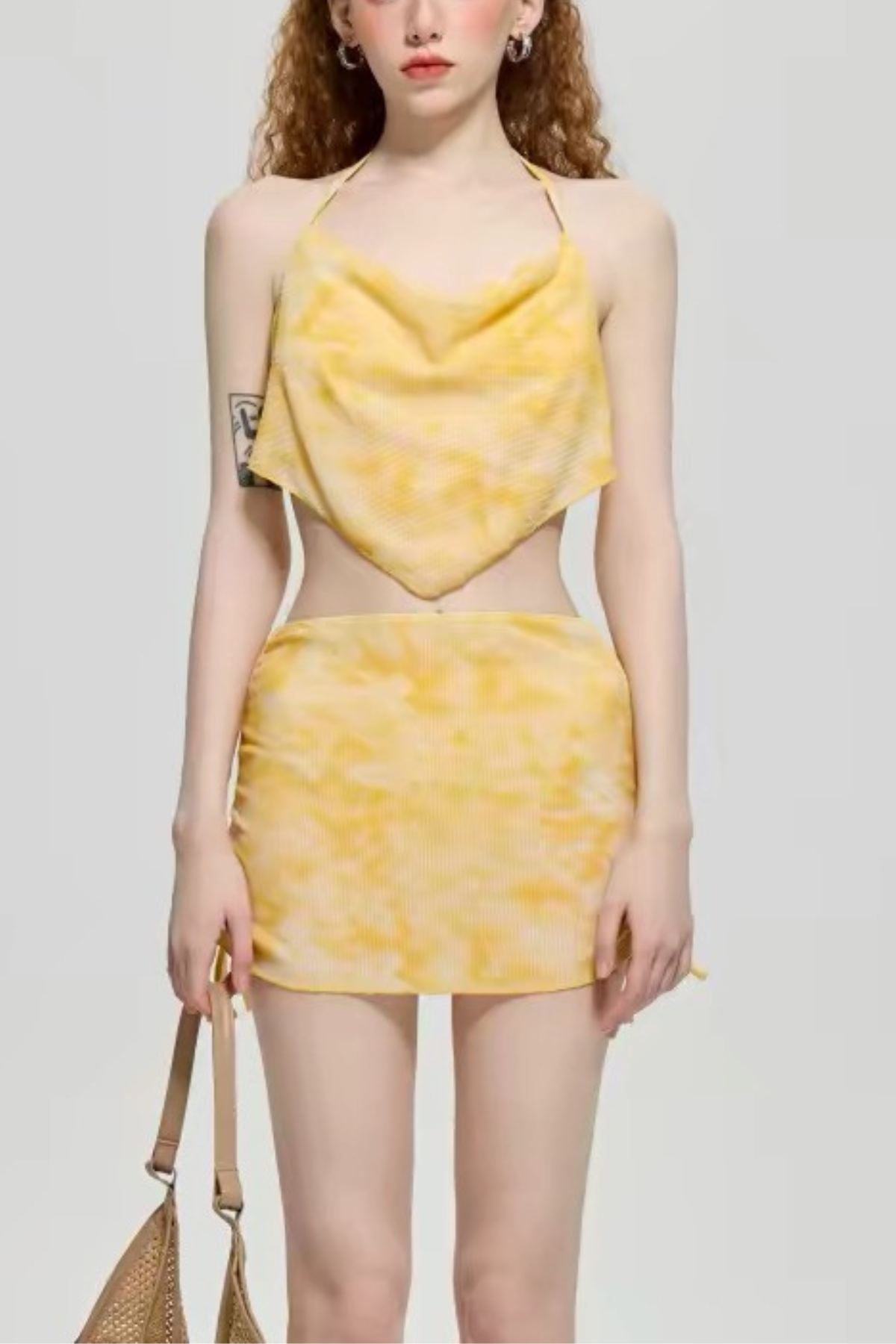 Yellow Tie Dye Cowl Halter Two-Piece Swimsuit