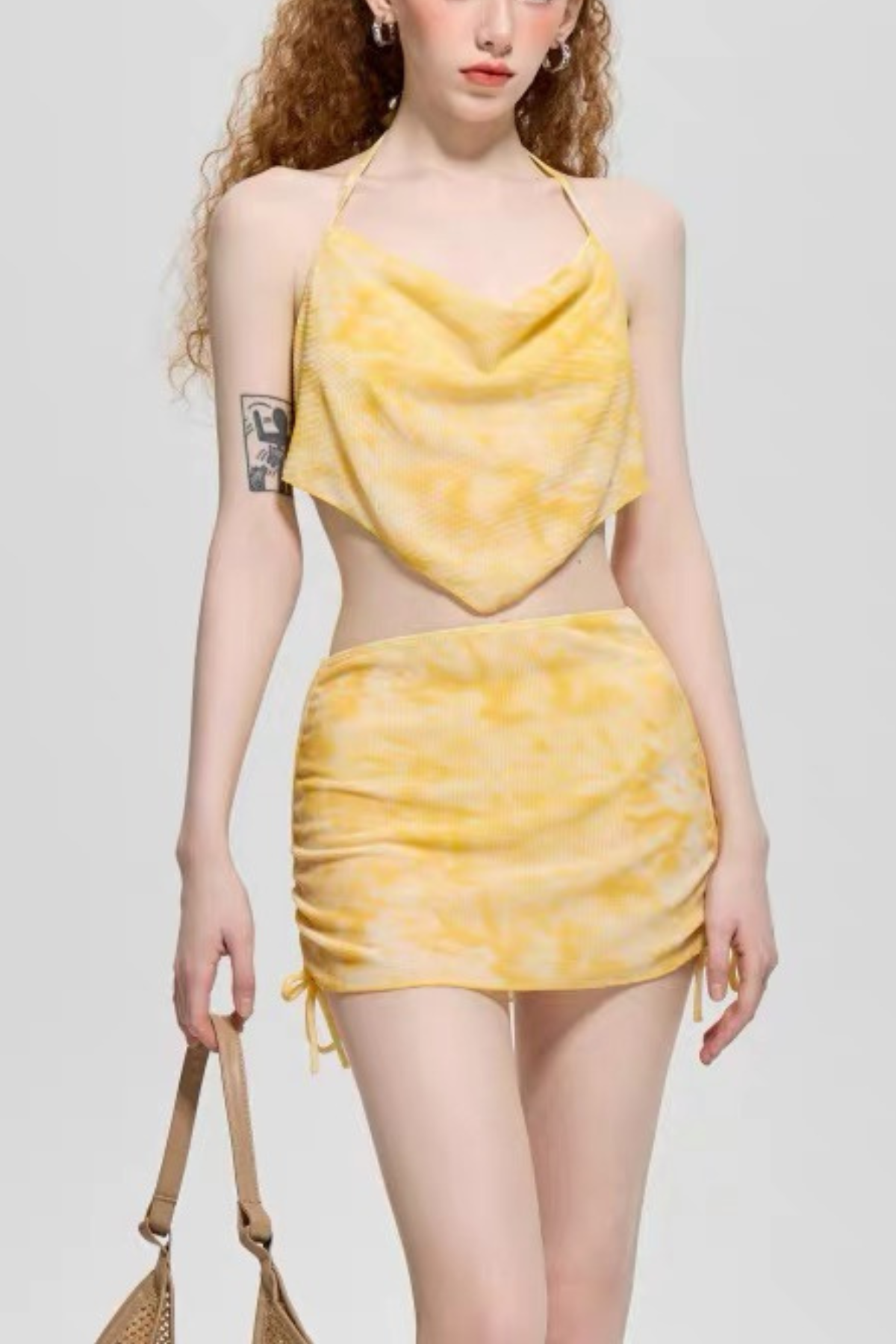 Yellow Tie Dye Cowl Halter Two-Piece Swimsuit