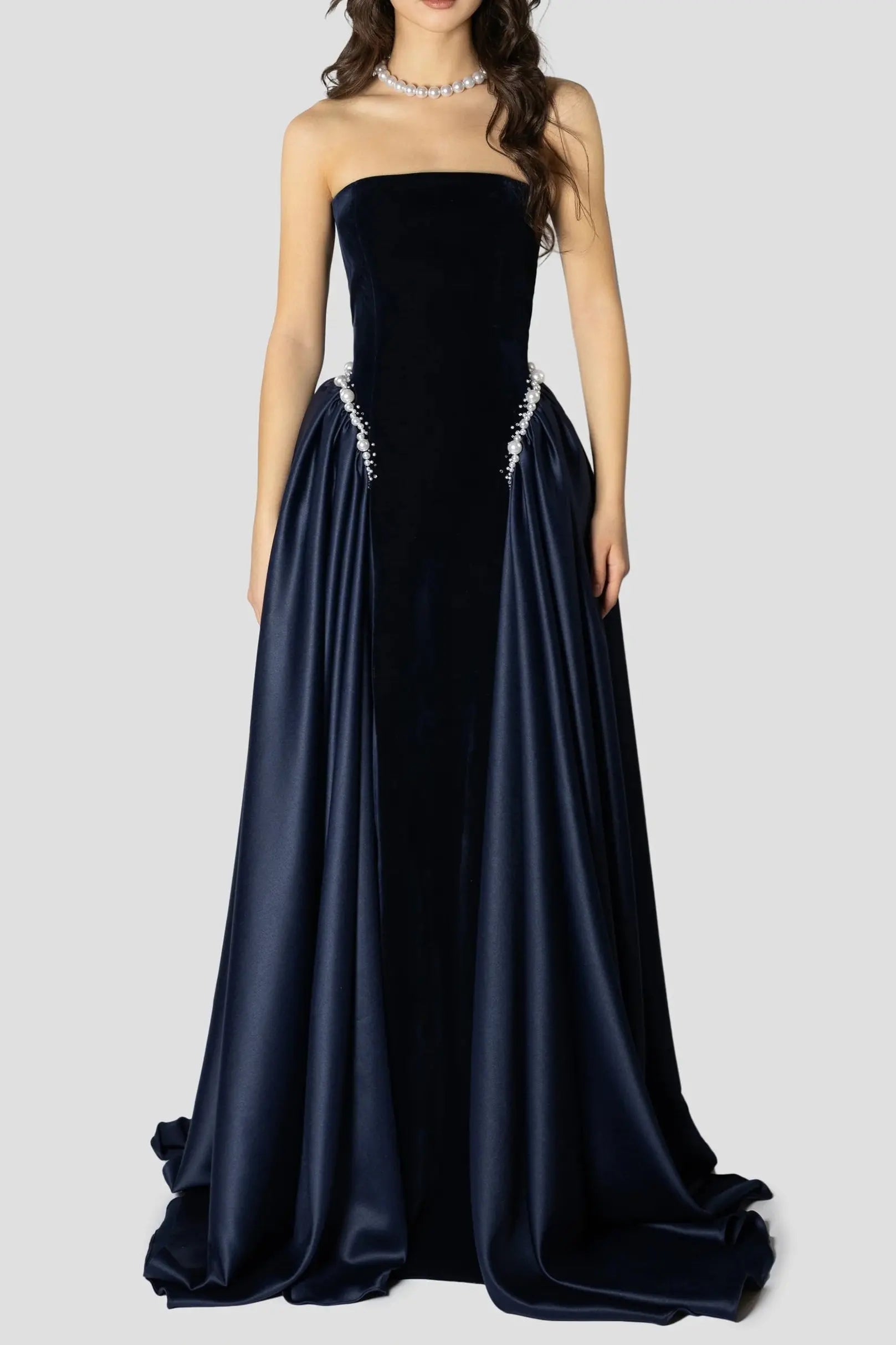 Dark Blue Pearls Embroidered Maxi Dress