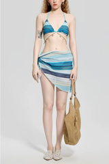 Blue Three-Piece Bikini Sarong Swimsuit