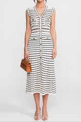 Sleeveless Knit Midi Dress With V-Neck And Gold Buttons - White/Black