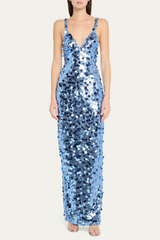 Blue Sequin V-Neck Strap Maxi Dress