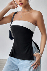 Black White Color Block Slim Fit Asymmetrical Hem Top