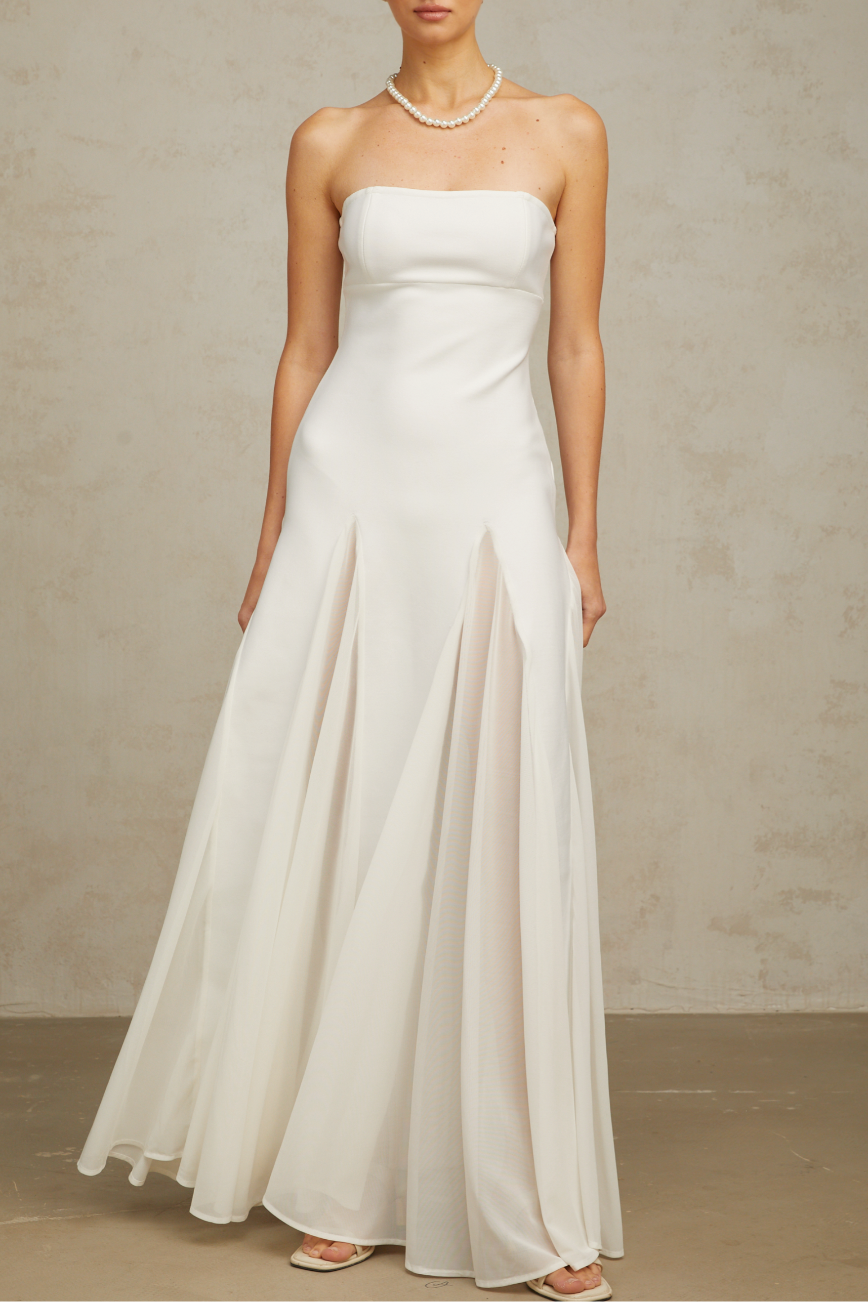 White Tulle-Panelling Maxi Dress