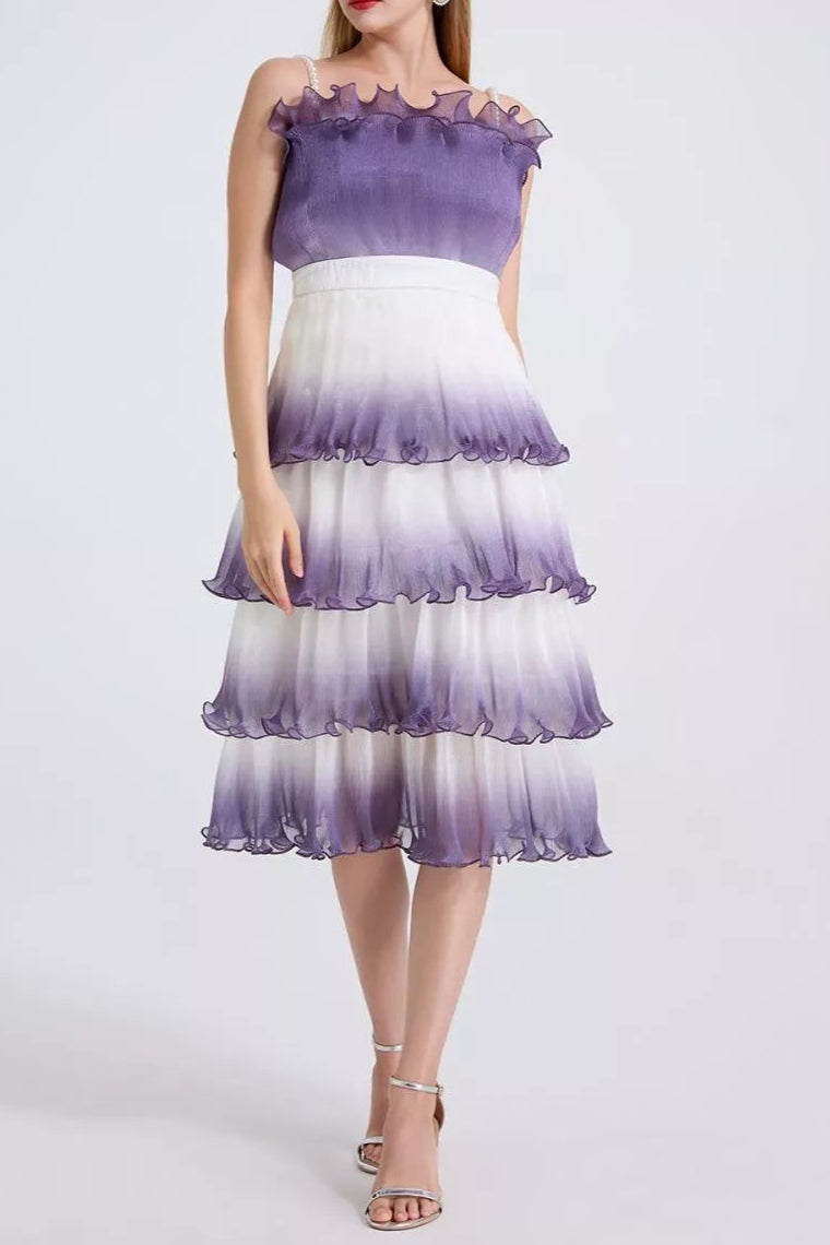 Purple Gradient Ruffle Trim Layered Mini Dress