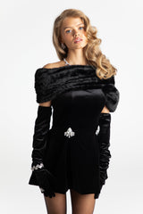 Long Sleeve Fur Mini Dress in Black