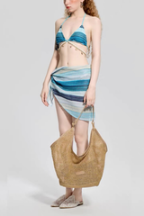 Blue Three-Piece Bikini Sarong Swimsuit