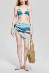 Blue Three-Piece Bikini Sarong Swimsuit