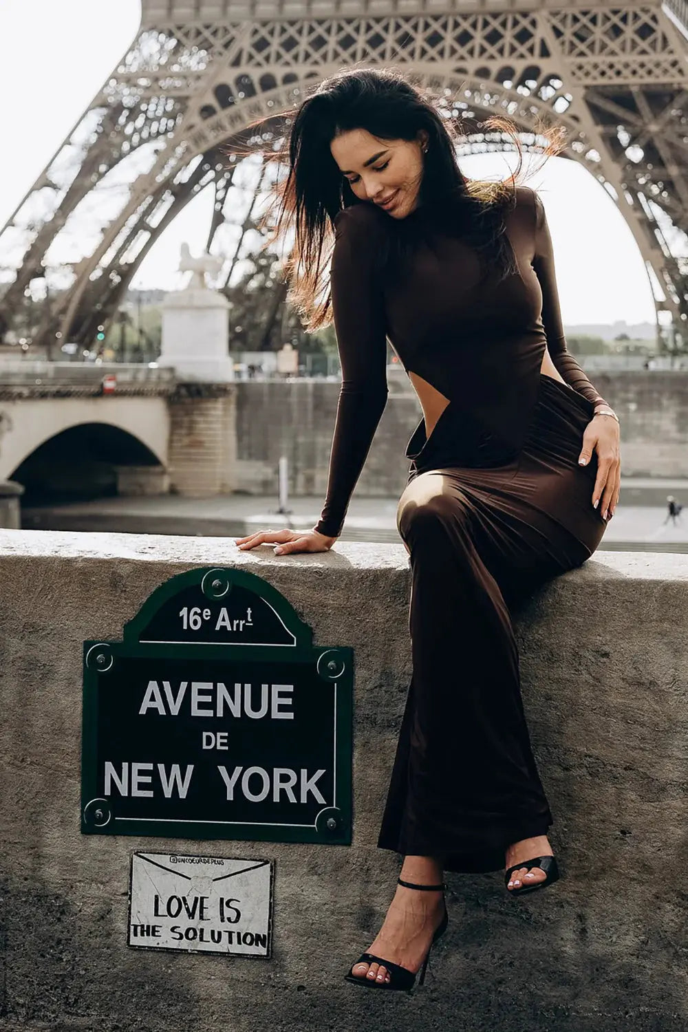 Turtleneck Long Sleeve Cutout Bodycon Gown in Brown