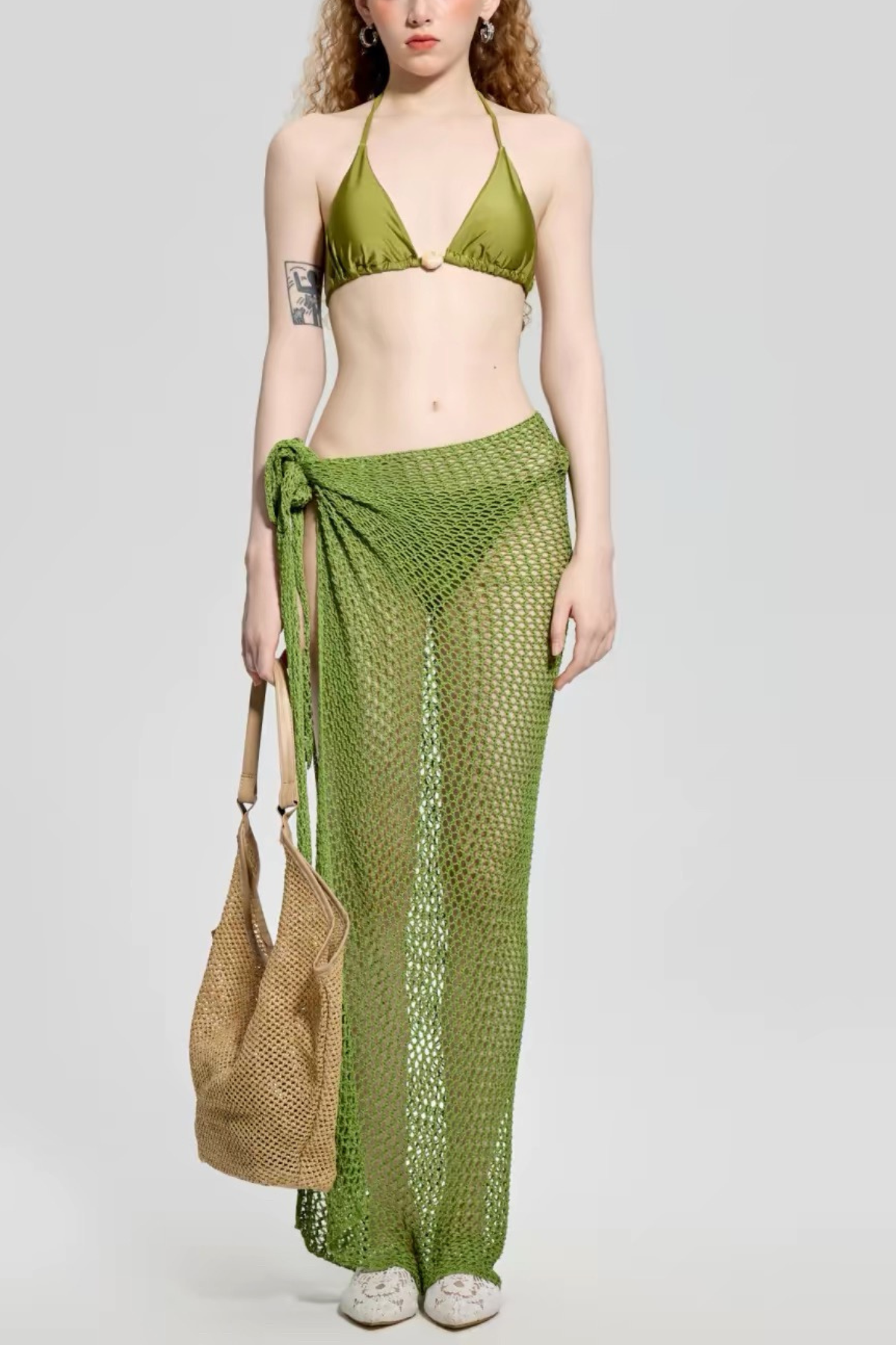 Green Halter Triangle Knit Wrap 3 Piece Cover Up Swimsuit