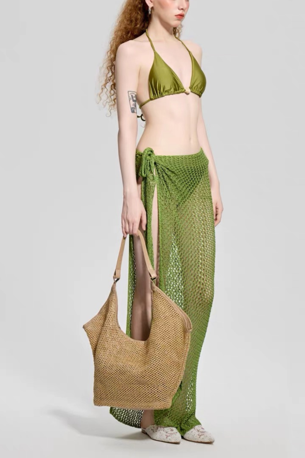 Green Halter Triangle Knit Wrap 3 Piece Cover Up Swimsuit