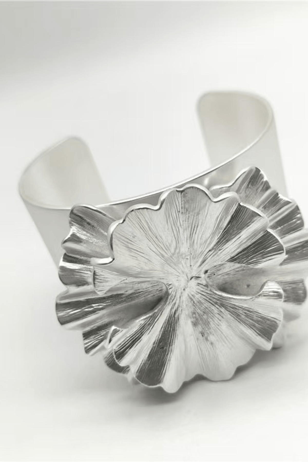 Silver 3D Floral Wide Open Cuff Bracelet