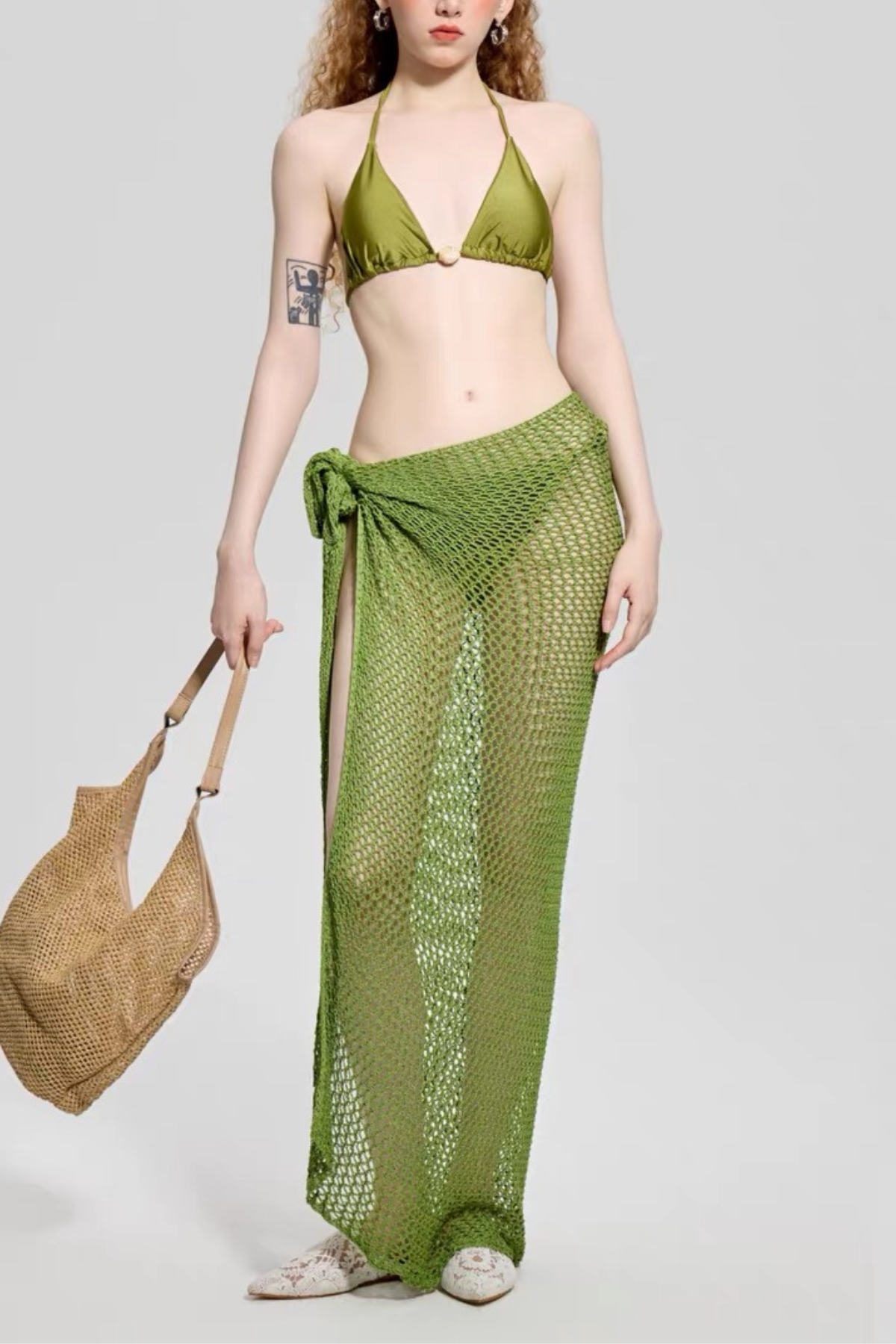 Green Halter Triangle Knit Wrap 3 Piece Cover Up Swimsuit