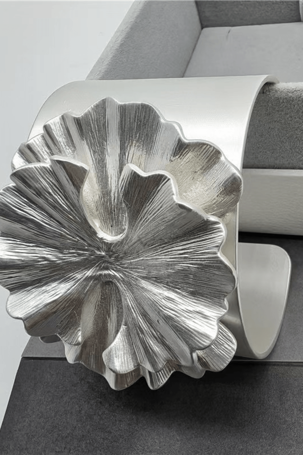 Silver 3D Floral Wide Open Cuff Bracelet