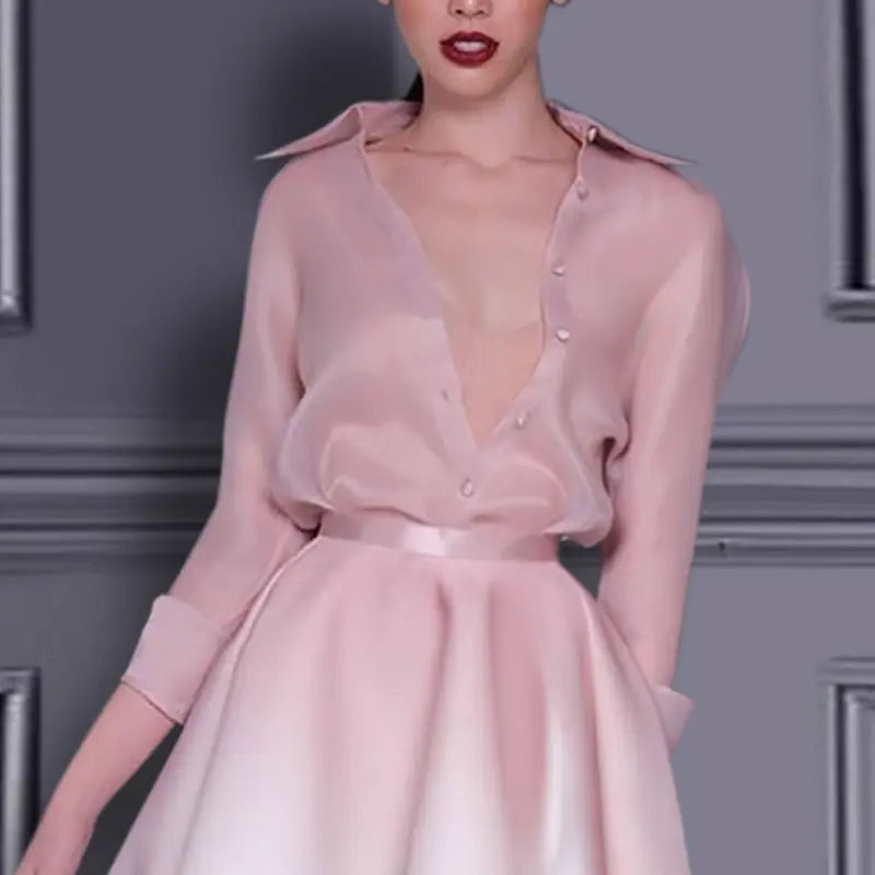 Pink Long Sleeve Silk Shirt Mini Skirt Set