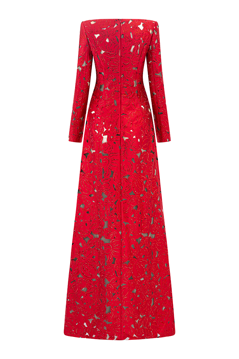 Rhinestone Boat Neck Floral Hollow Lasercut Maxi Dress - Red