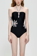 Black Grey Cutout Floral Halter One Piece Swimsuit