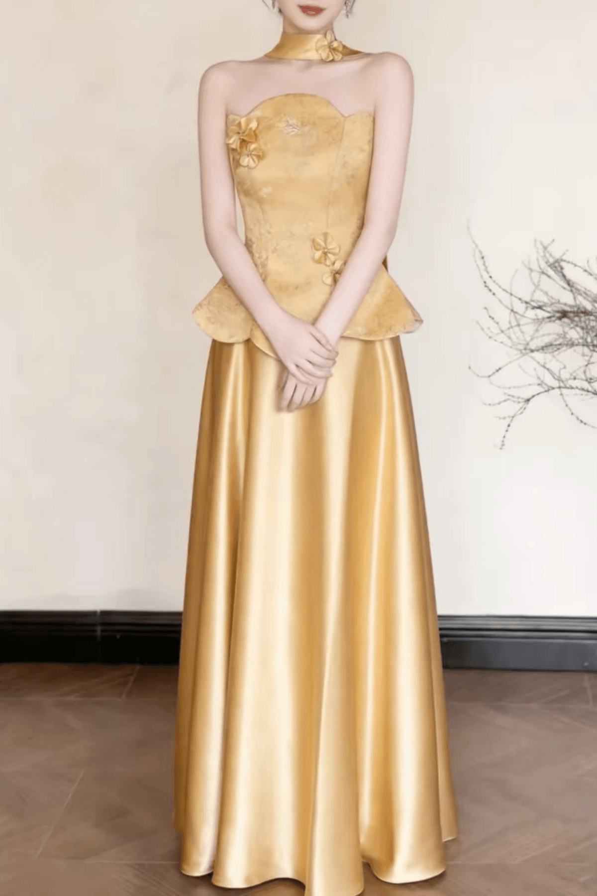 Gold Floral Satin Halter Maxi Dress