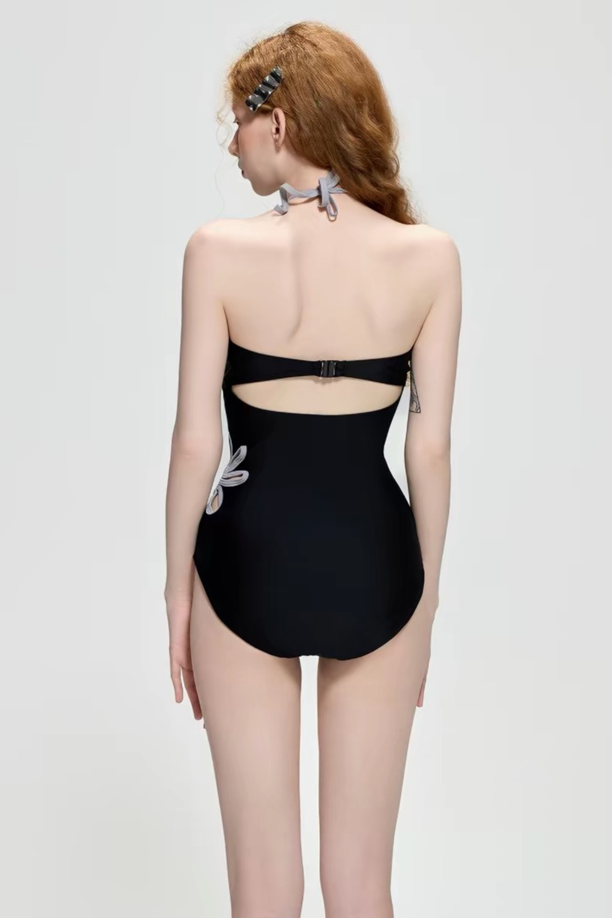 Black Grey Cutout Floral Halter One Piece Swimsuit