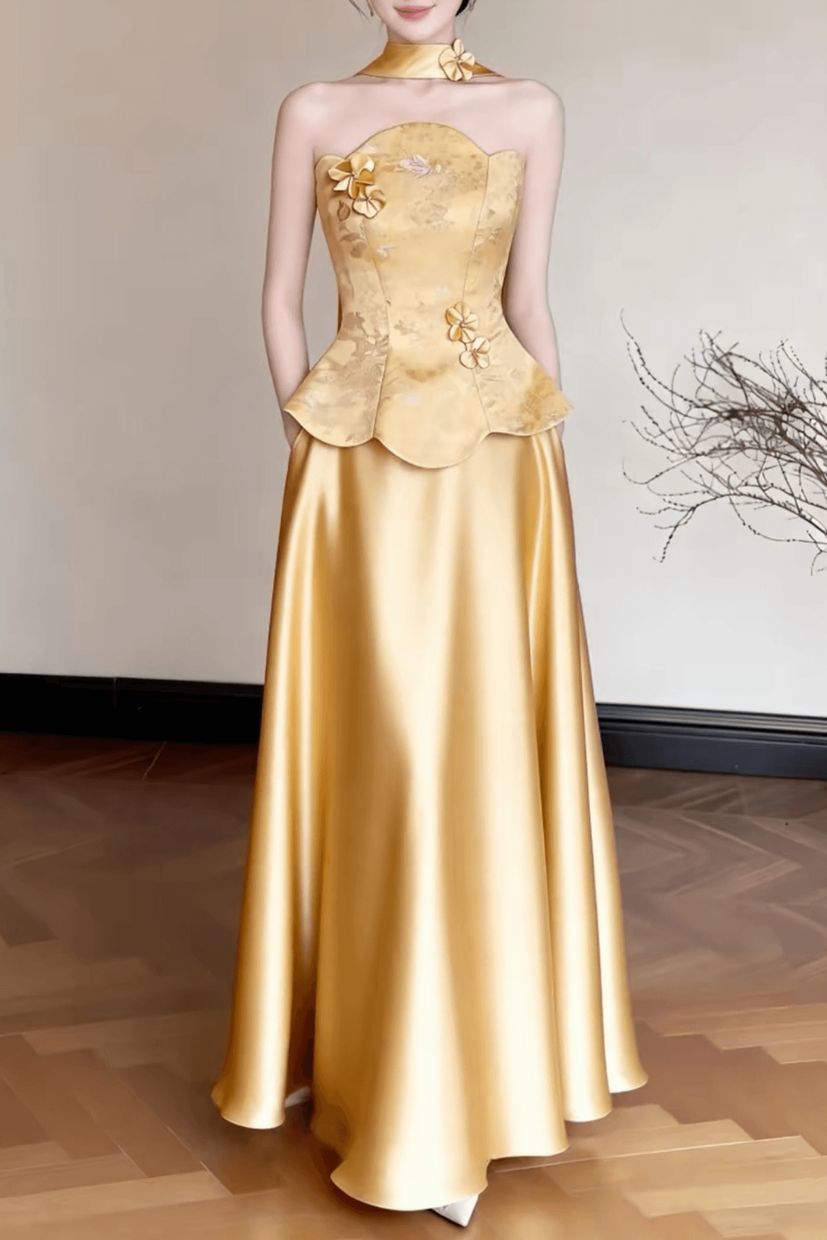 Gold Floral Satin Halter Maxi Dress