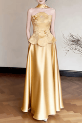 Gold Floral Satin Halter Maxi Dress