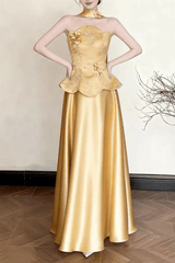 Gold Floral Satin Halter Maxi Dress