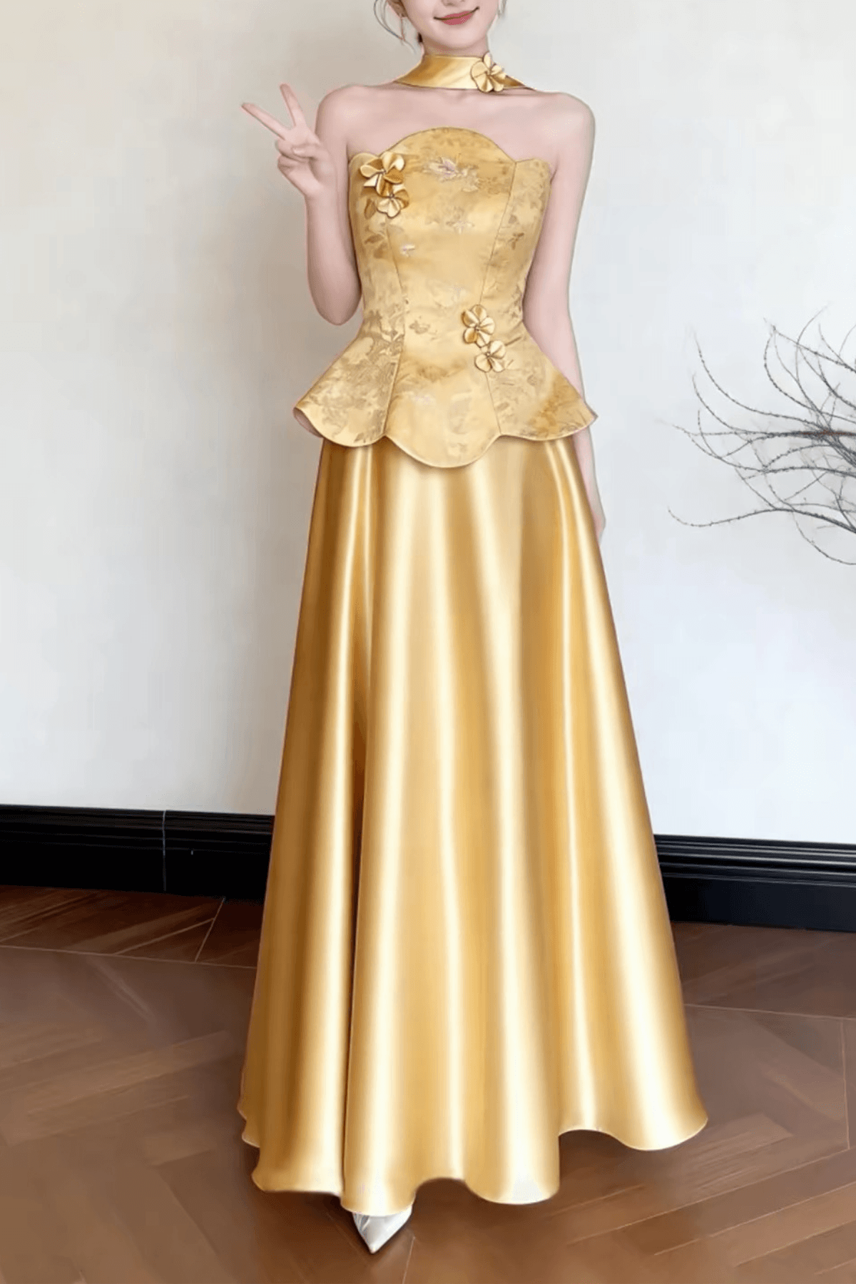 Gold Floral Satin Halter Maxi Dress