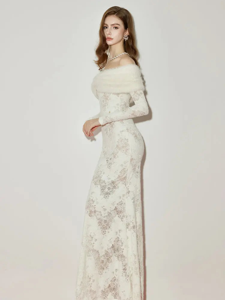 Off-Shoulder Fur Collar Long Sleeve Lace Maxi Dress in White