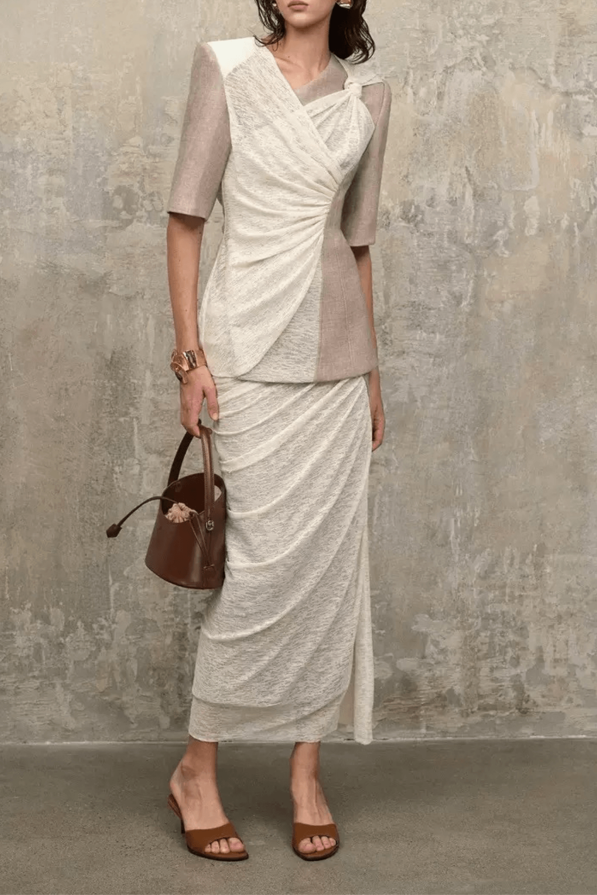 Color Block Fake Two Piece Wrap Midi Dress