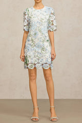 Floral Printed Lace Mini Dress in Sky Blue