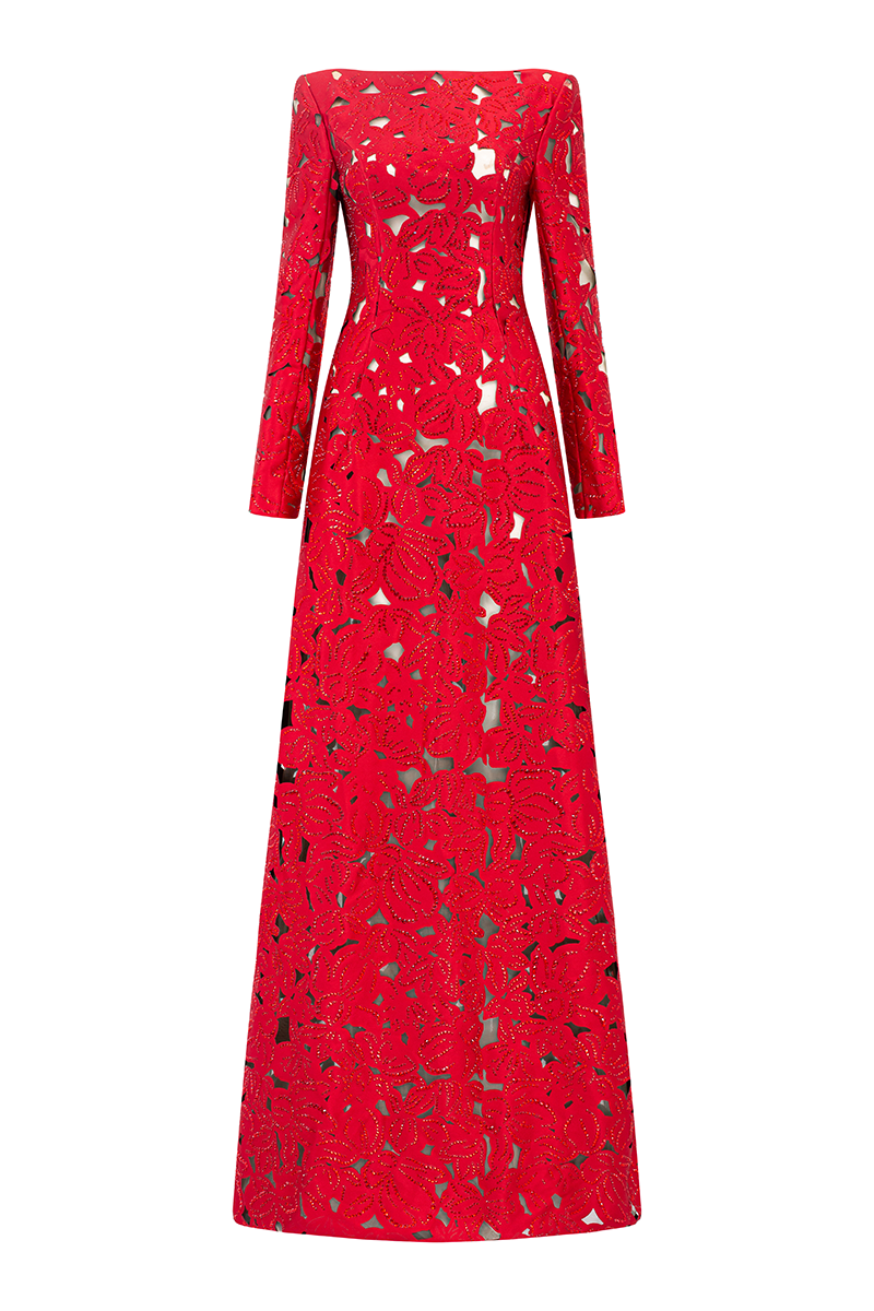 Rhinestone Boat Neck Floral Hollow Lasercut Maxi Dress - Red