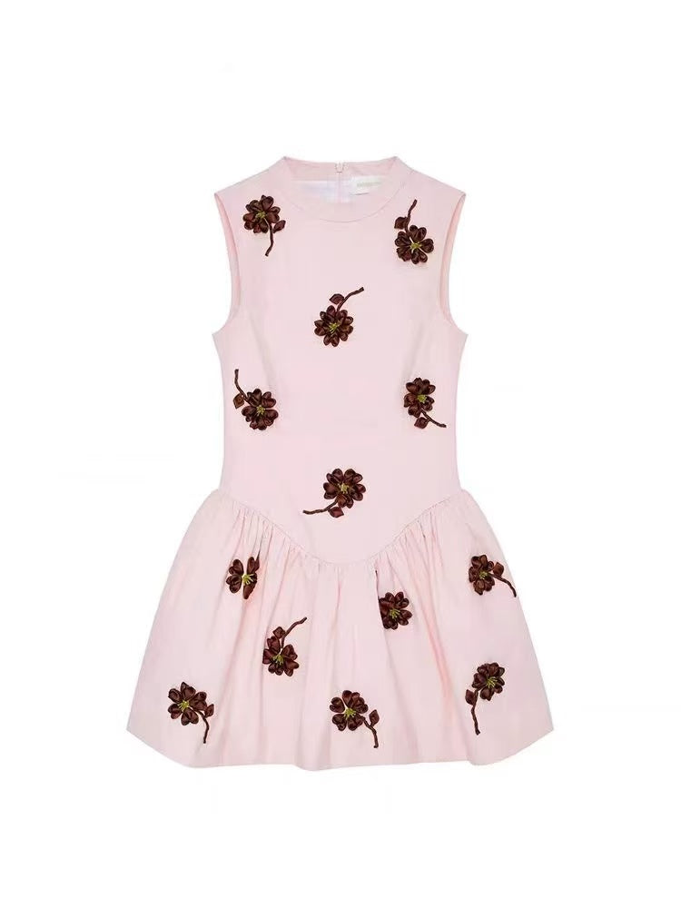 Flower Embellished Puffy Mini Dress in Pink