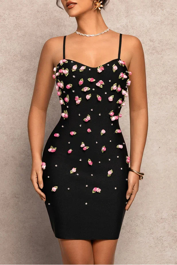 Black 3D Rose Appliques Bodycon Mini Dress