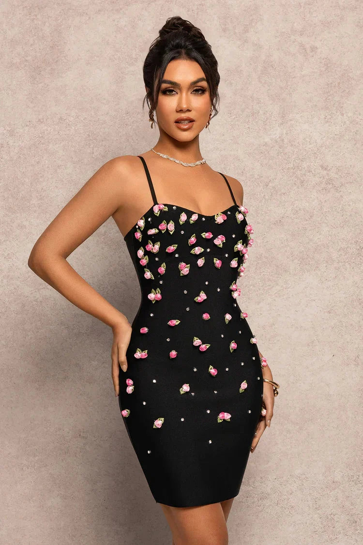 Black 3D Rose Appliques Bodycon Mini Dress