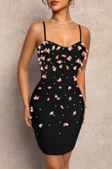 Black 3D Rose Appliques Bodycon Mini Dress