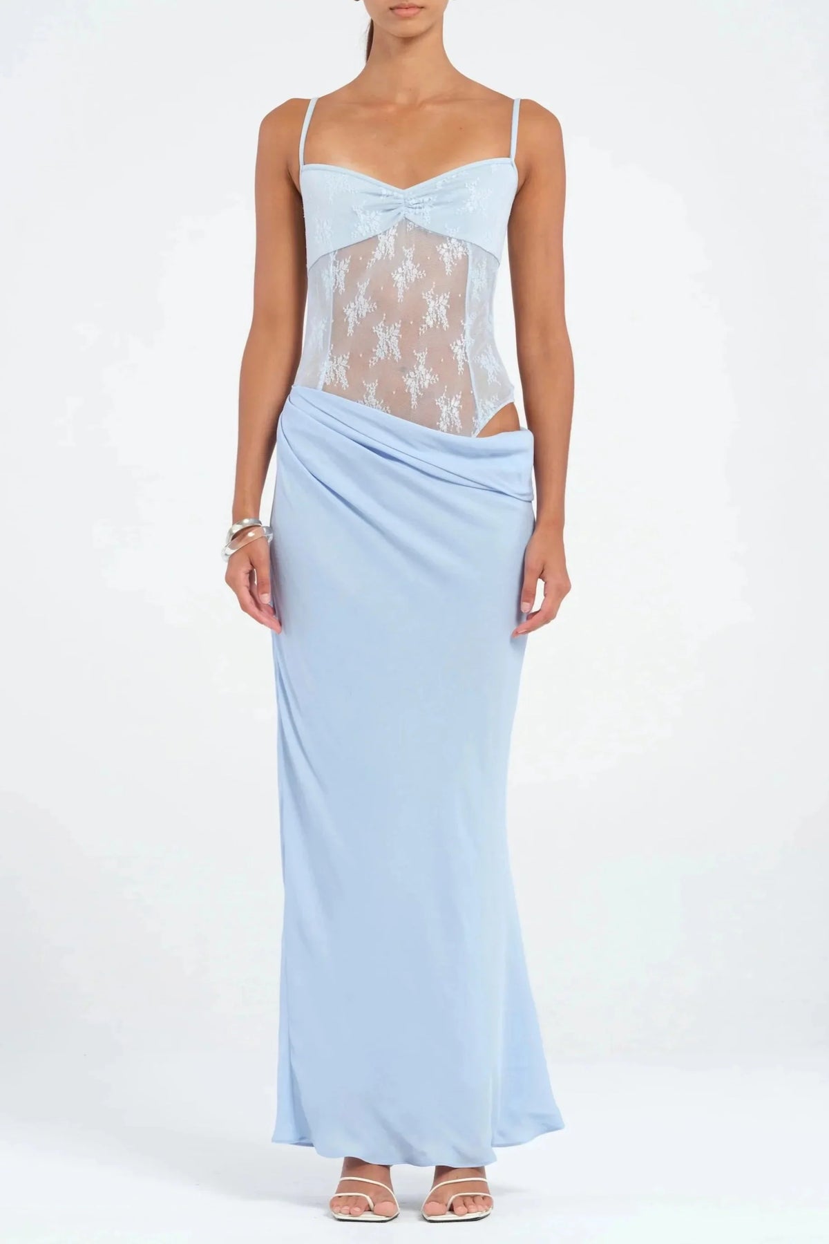 Hollow Suspenders with Ruffles Maxi Dress in Blue