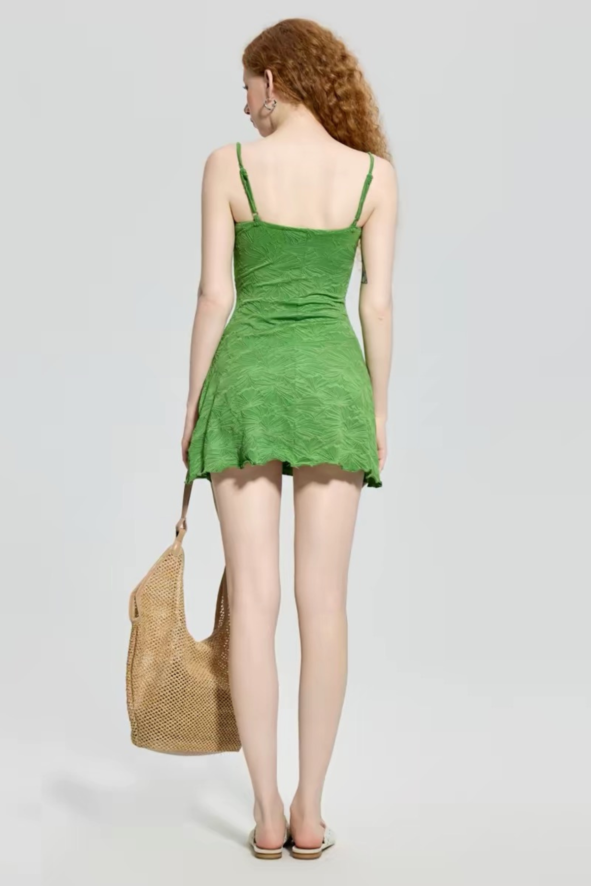 Green Leaf Embossed Slim Fit Slip Mini Swimsuit