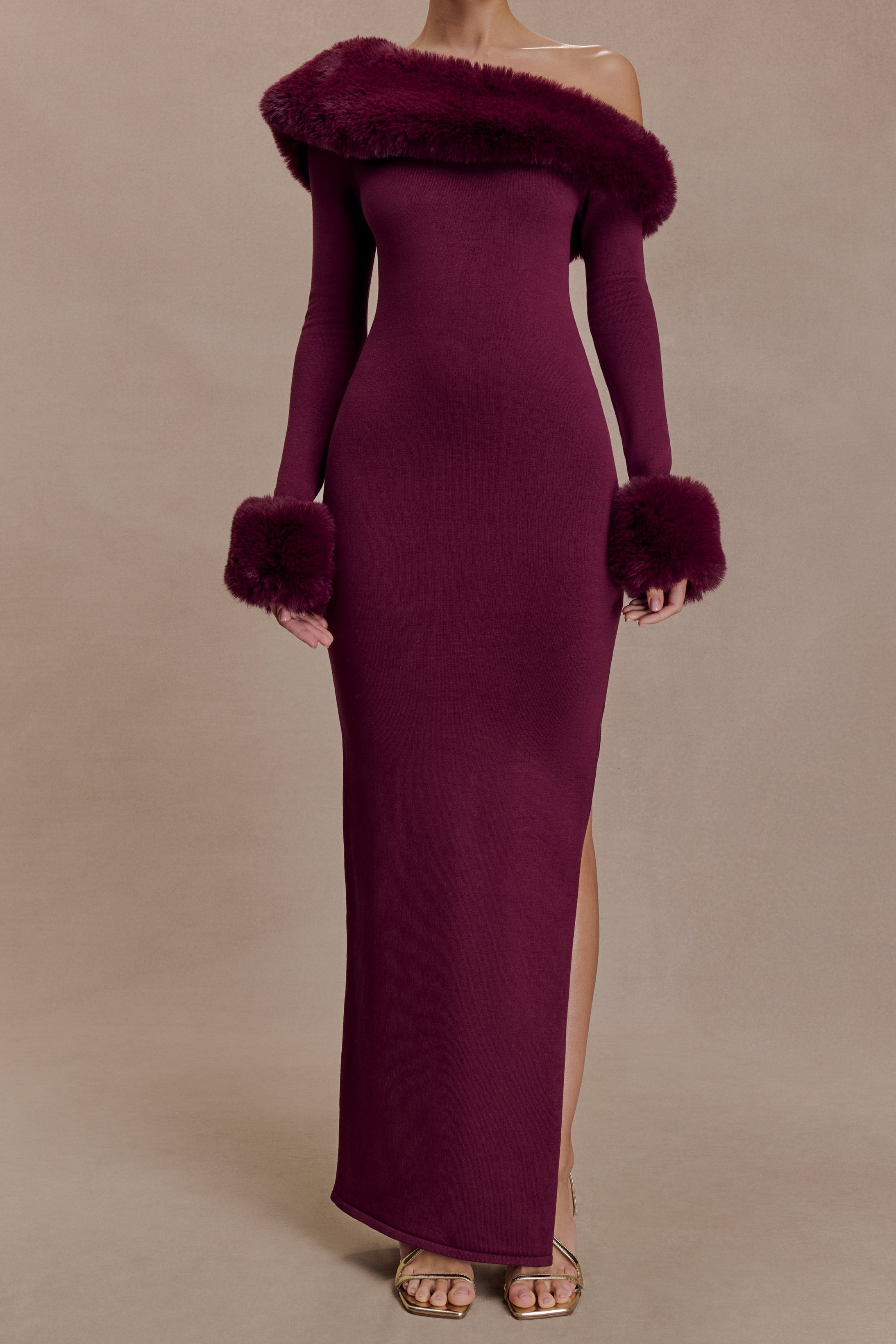 Faux Fur Knit Maxi Dress - Plum