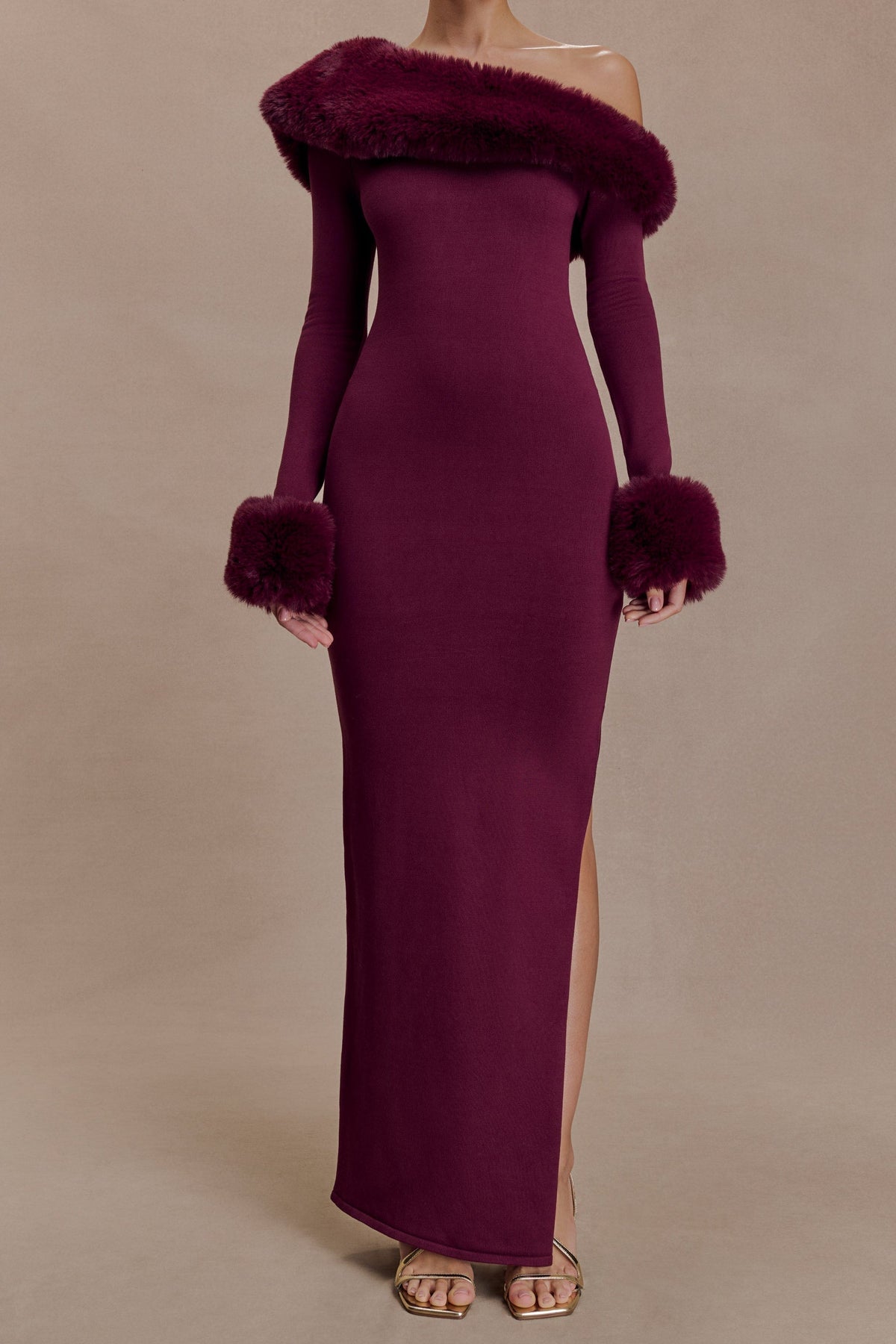 Faux Fur Knit Maxi Dress - Plum