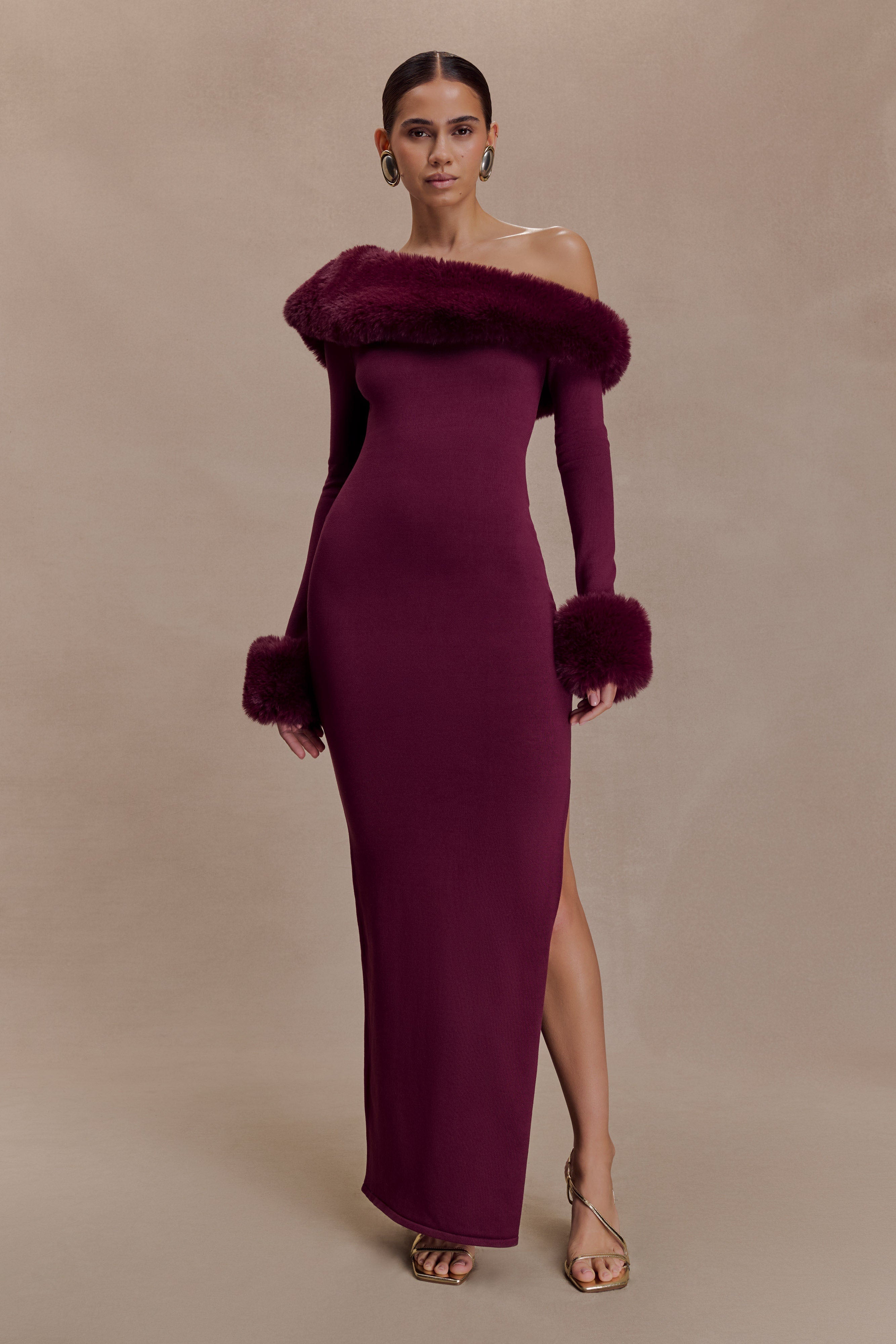Faux Fur Knit Maxi Dress - Plum