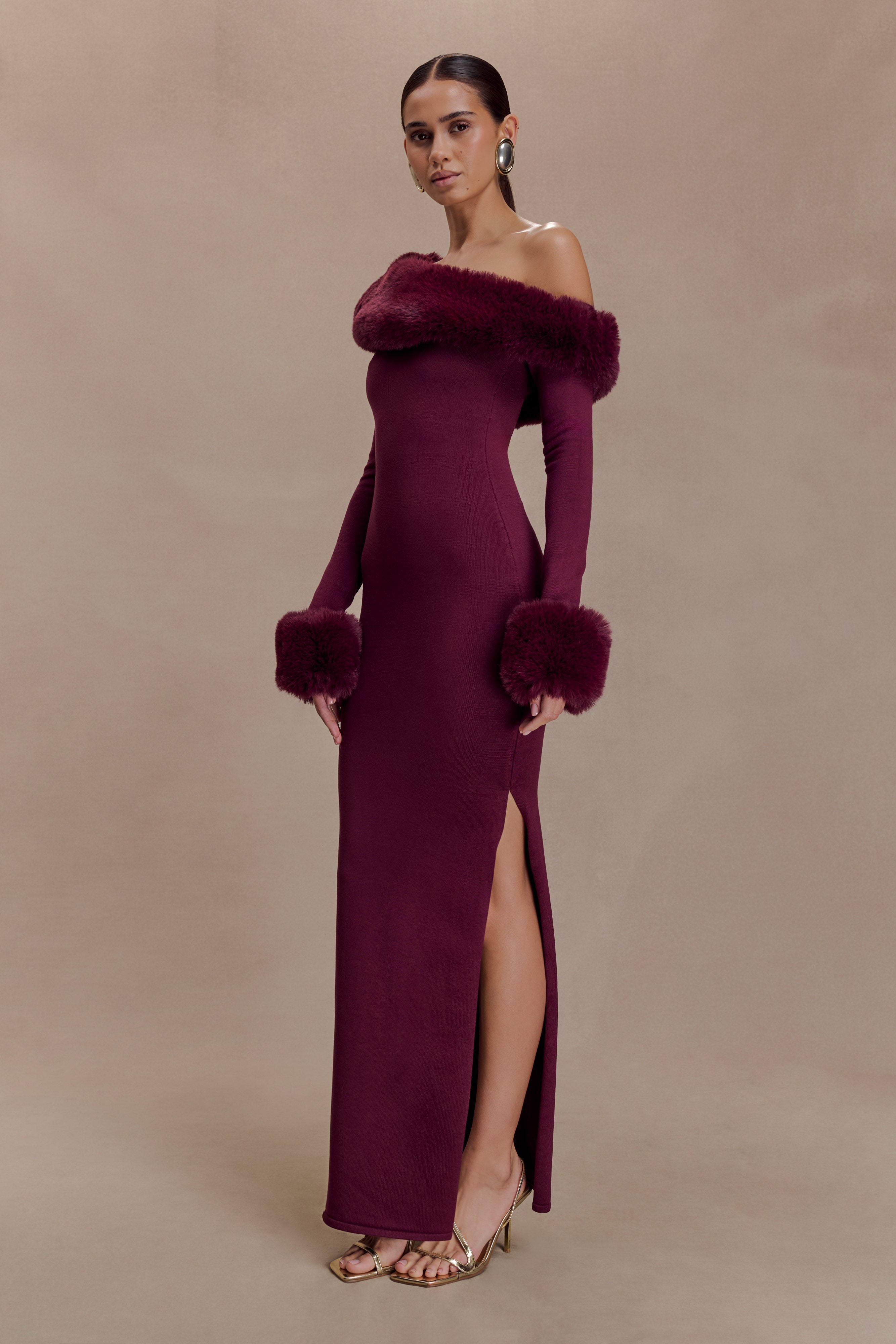 Faux Fur Knit Maxi Dress - Plum