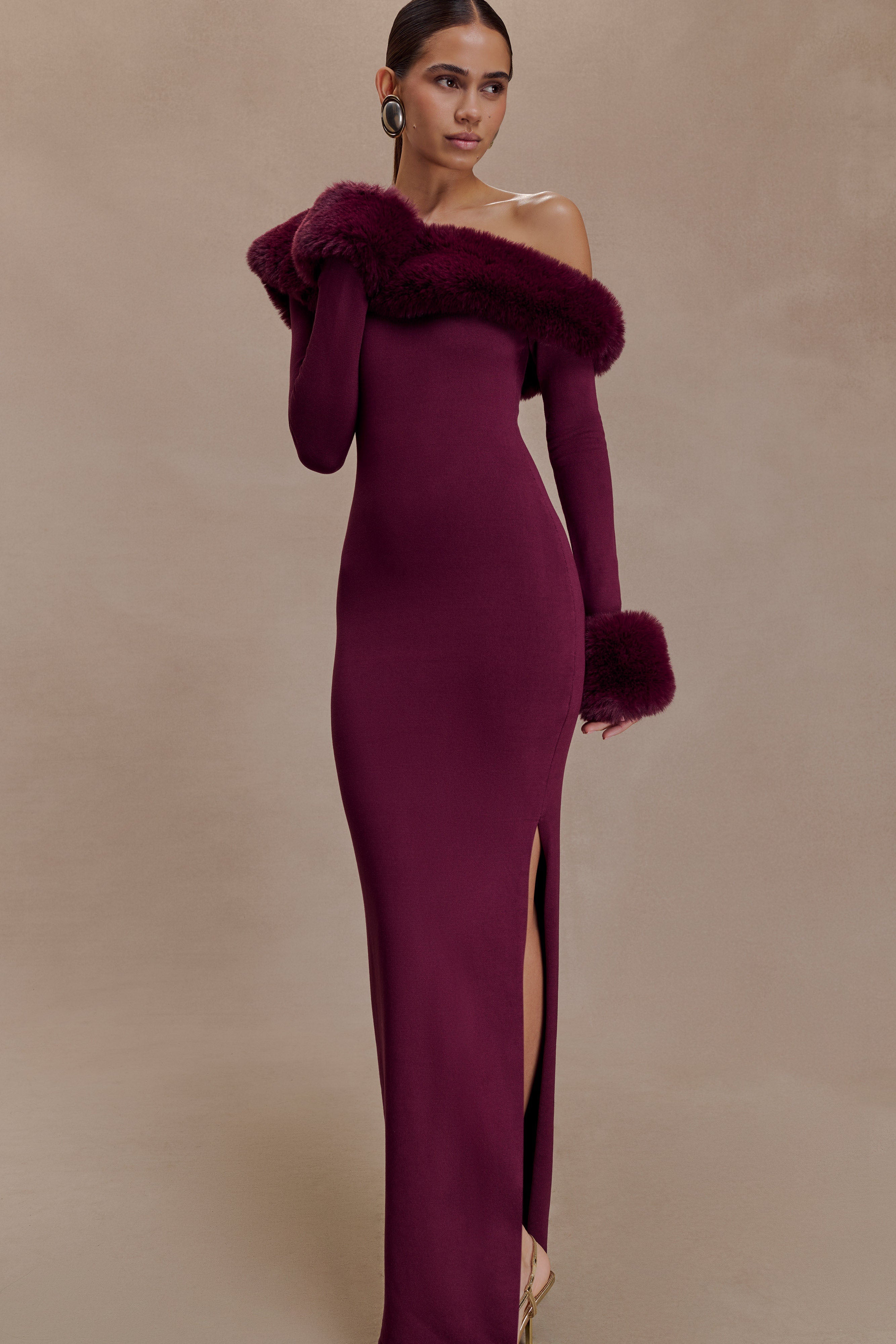 Faux Fur Knit Maxi Dress - Plum