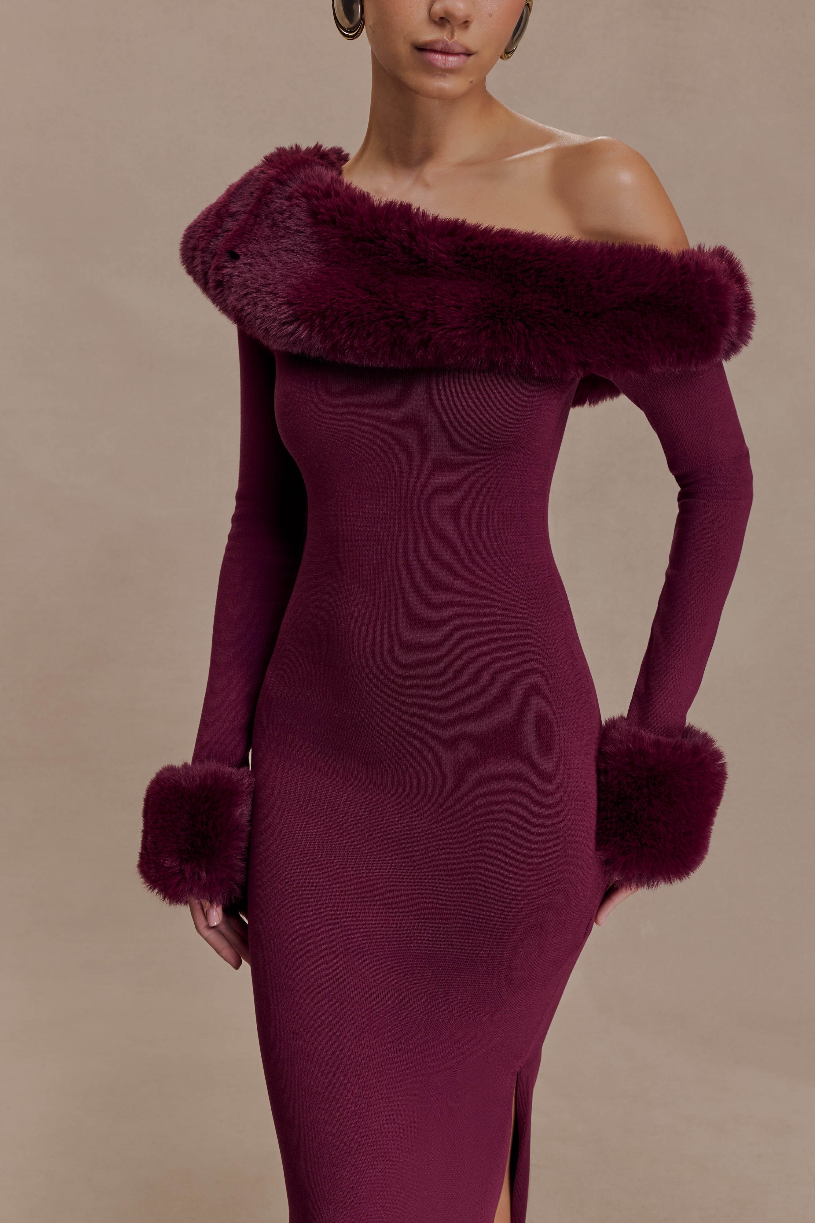 Faux Fur Knit Maxi Dress - Plum