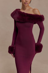 Faux Fur Knit Maxi Dress - Plum