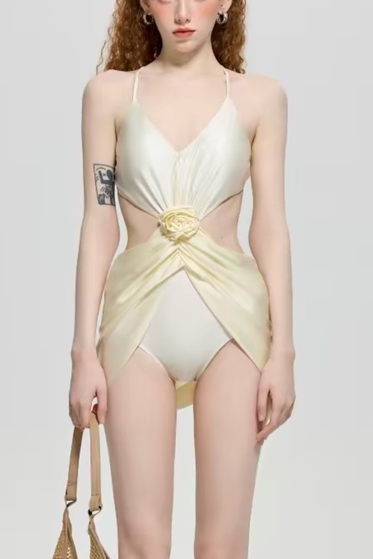 Cream Satin 3D Rose Cutout Wrap One Piece Swimsuit