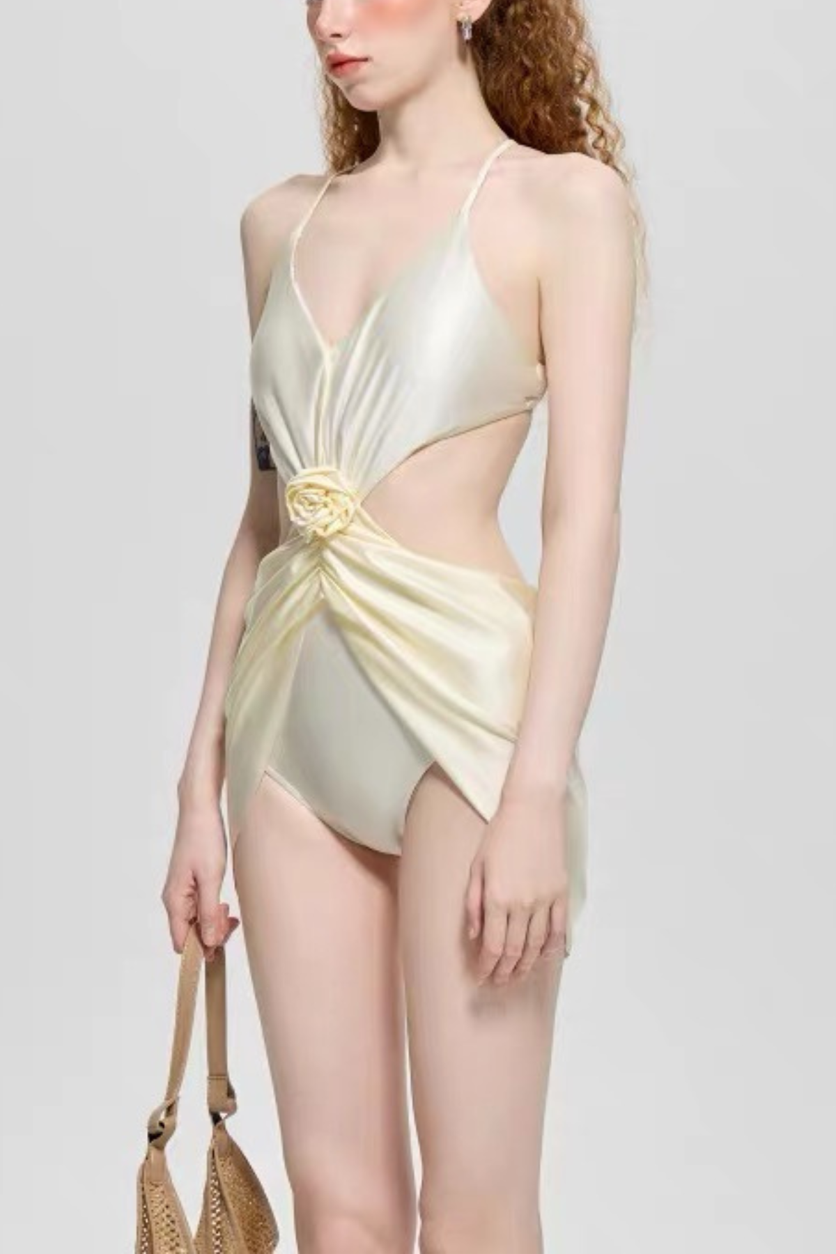 Cream Satin 3D Rose Cutout Wrap One Piece Swimsuit